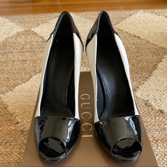 NWT Gucci Suede & Patent Leather Interlocking G Logo Peep-Toes Stiletto Heel 37 - Picture 7 of 10